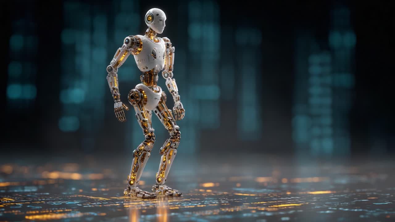 A futuristic humanoid robot navigating a digital landscape, showcasing advanced design elements and intricate mechanical features, highlighting the fusion of technology and innovation