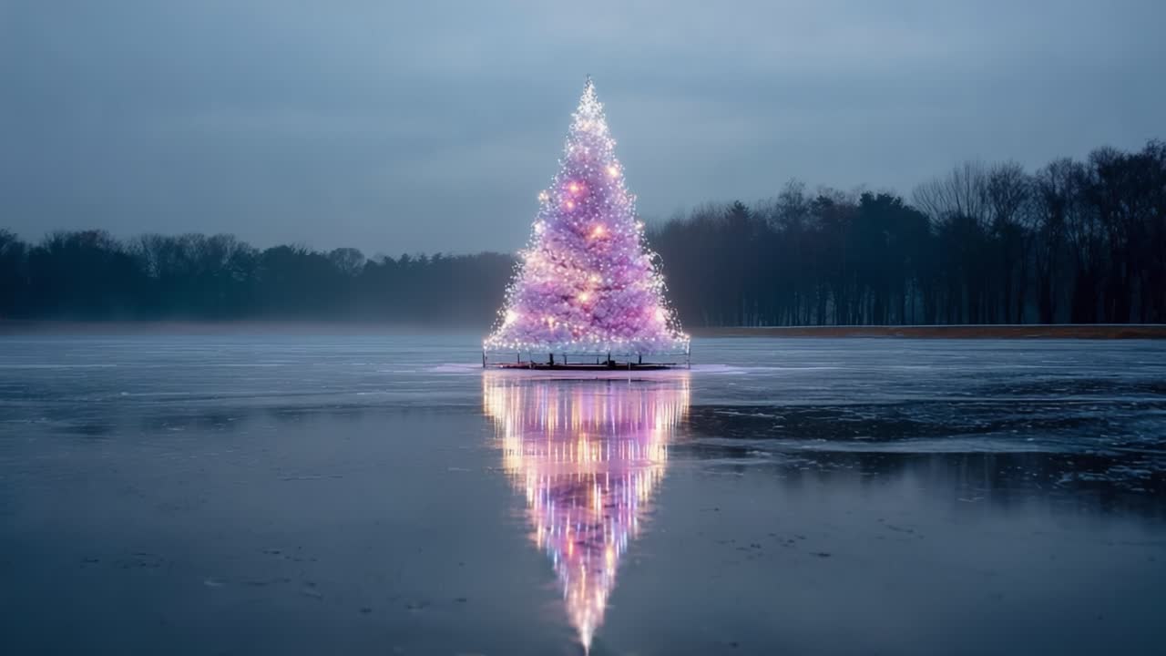 A Stunning Illuminated Christmas Tree on a Frozen Lake, Captivating Reflection in the Water, Surrounded by a Misty Winter Landscape
