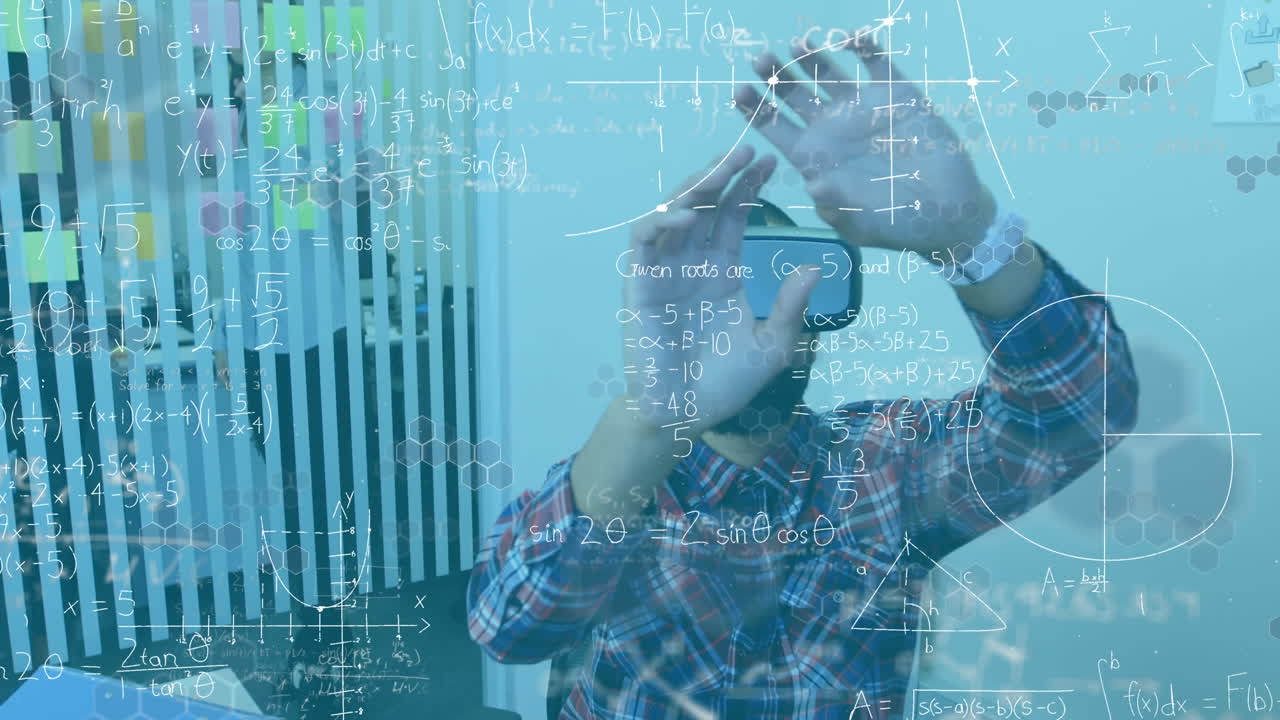 Animation of mathematical formulas over businessman using vr headset