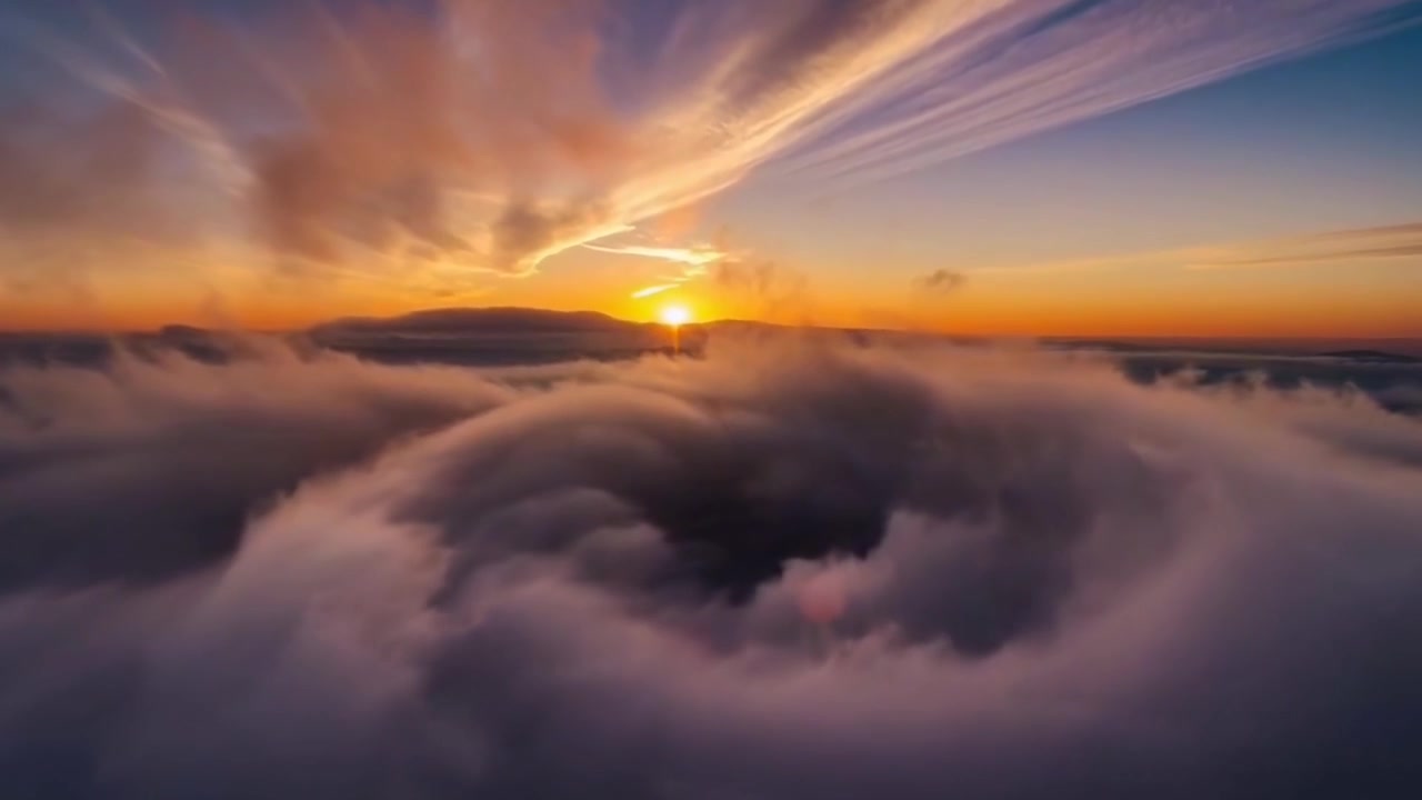 Vista aerea di un tramonto dorato sopra nuvole ondulate