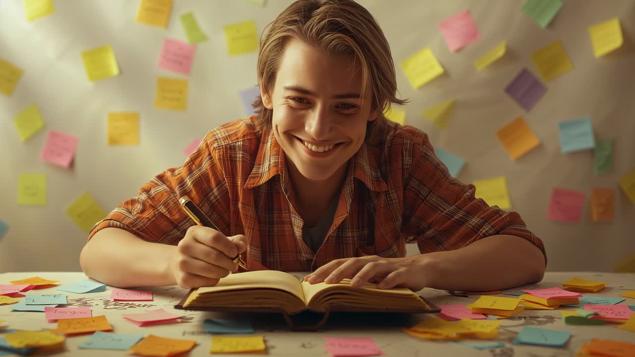 Teen writer wearing plaid shirt writing at desk, smiling at progress with pencil and sticky notes