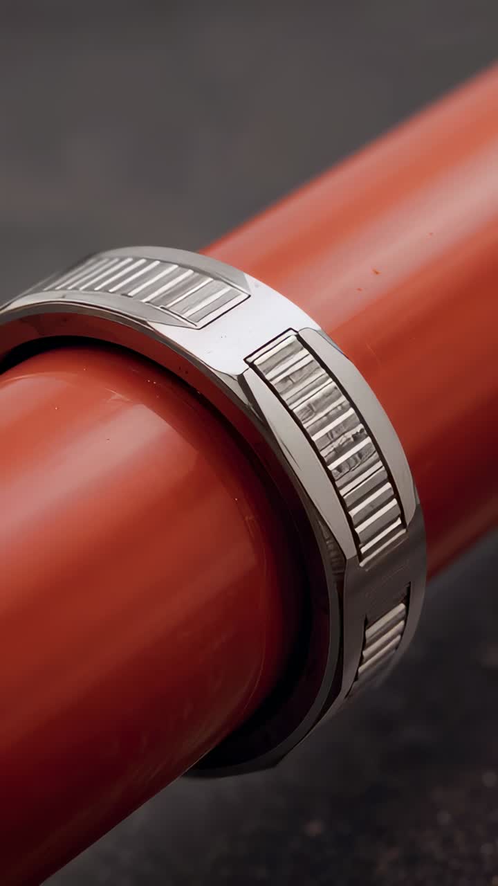 Vertical video: Panning camera showing metal ring on red rod on studio table, to show ribbed inlays