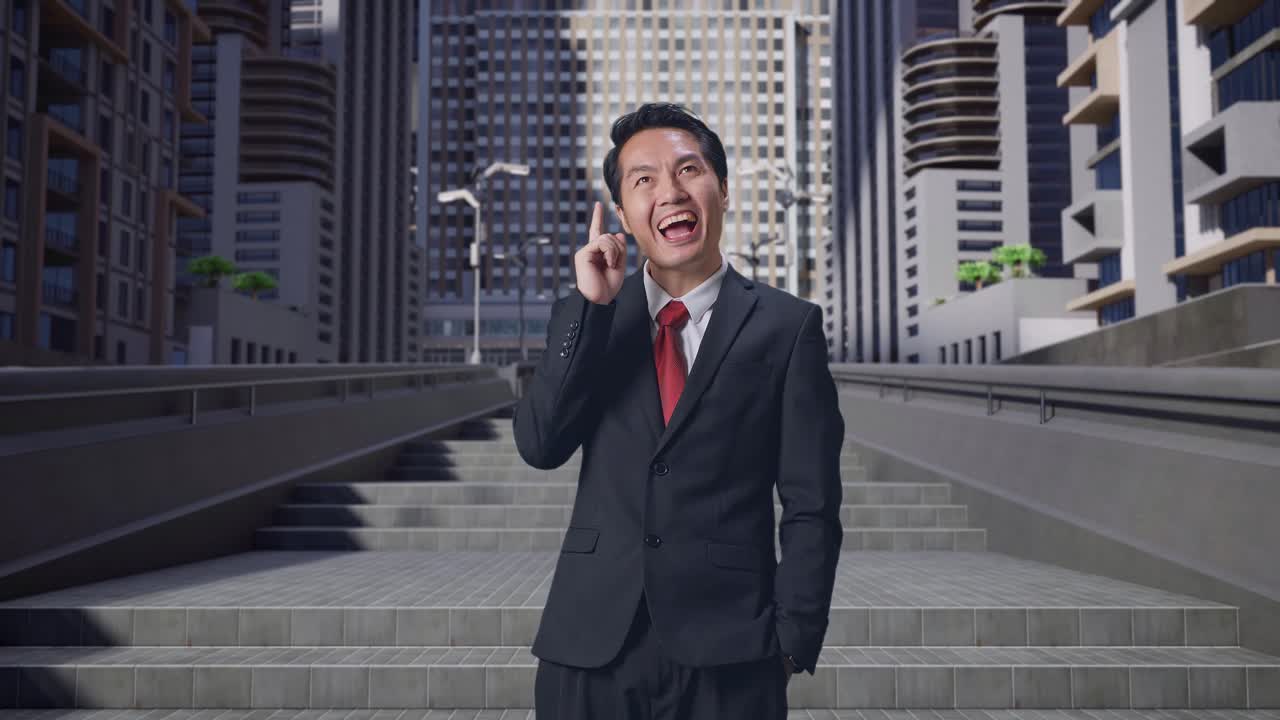 아시아의 사업가 한 명이 무언가에 대해 생각하고 주변을 둘러보며 도시에서 서 있는 동안 지표손가락을 들어 올립니다.