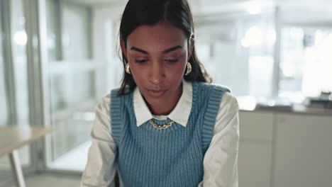 Idea, thinking and business woman on laptop