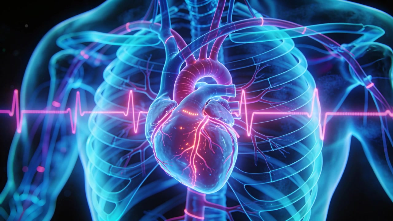 Pulsing anatomical heart responding to ECG spike, glowing coronary vessels in cyan ribcage