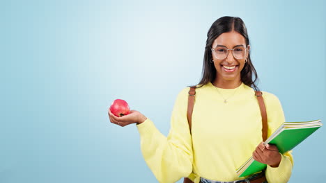 Cara,-Estudiante-O-Mujer-Feliz-Con-Manzana-En-El-Estudio