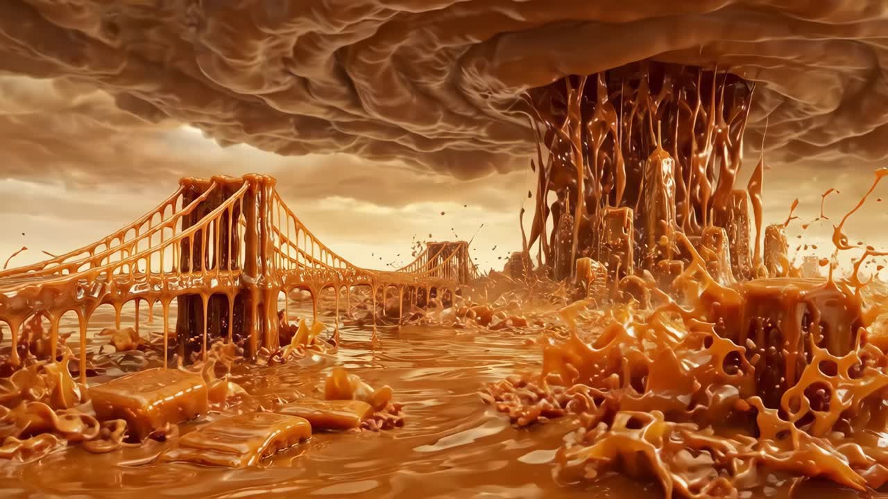 Città e ponte fantastici fatti di caramello che cola