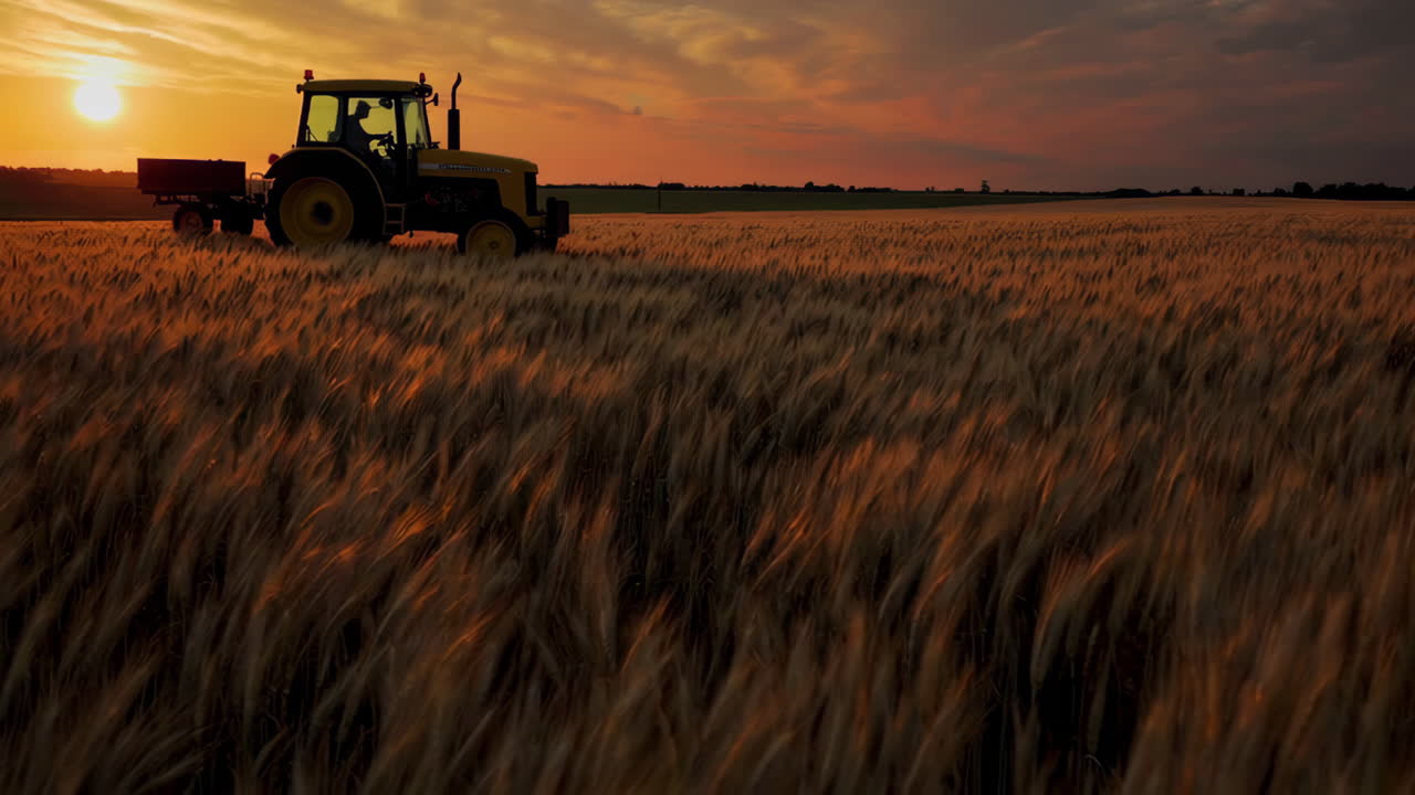 Un trattore in un campo di grano dorato al tramonto