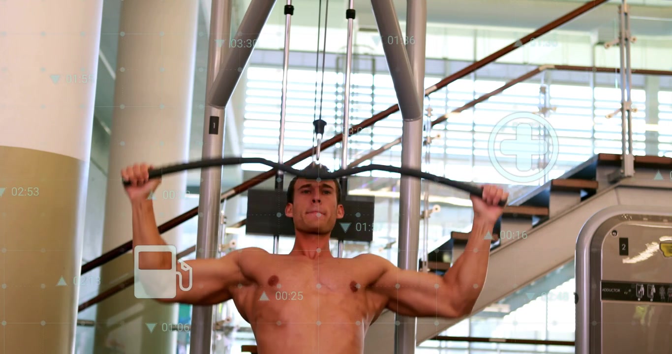 Man gripping lat bar and pulling down in fitness gym, HUD overlays counting reps building strength
