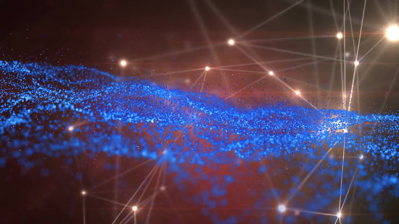 Animation of blue particles forming wave pattern with glowing network in background