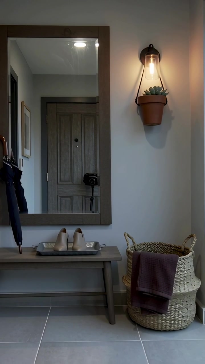 Vertical video: Panning camera showing mirror and bench tour at home entryway, with shoes umbrella