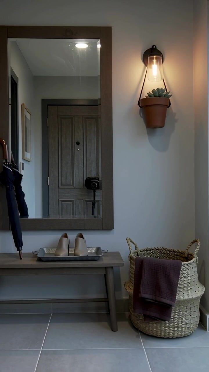 Vertical video: Panning camera showing mirror and bench tour at home entryway, with shoes umbrella