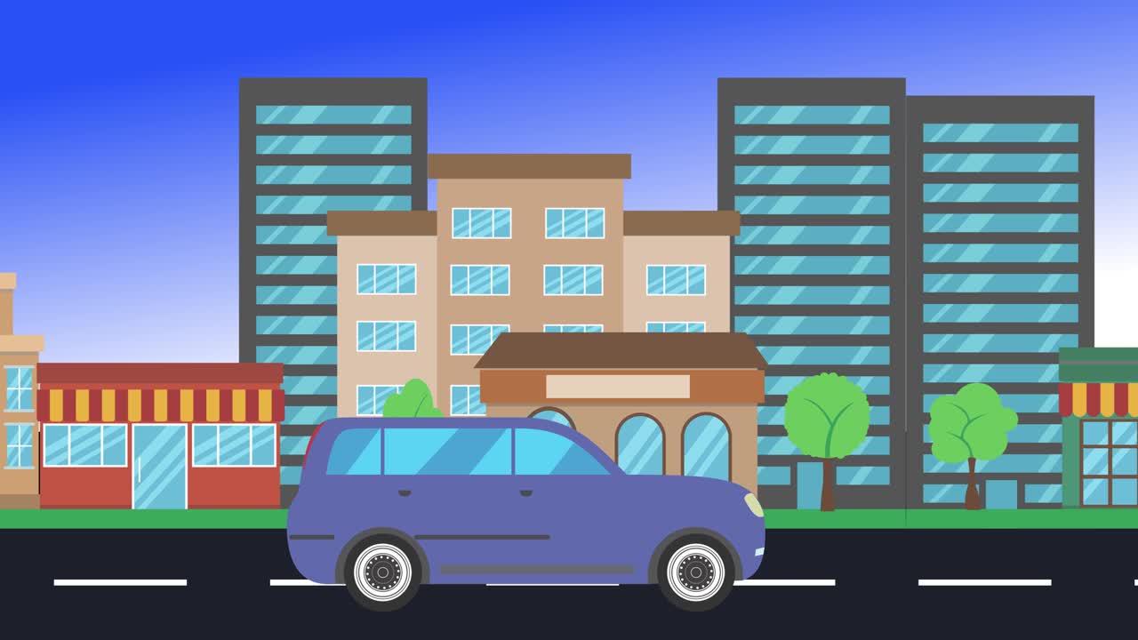 guida di auto in giro per la città vista laterale, animazione a loop, sfondo a disegno piatto