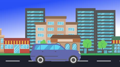 viajes en coche por la ciudad vista lateral, animación en bucle, fondo de diseño plano