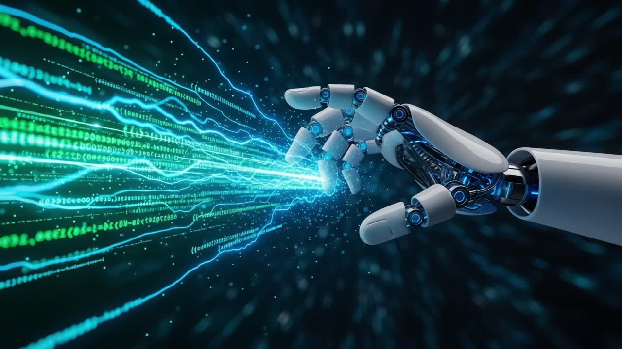 A Futuristic Robotic Hand Manipulating Streams of Dynamic Data in a Neon Cybernetic Environment, Illustrating the Intersection of Technology and Human-like Interfaces