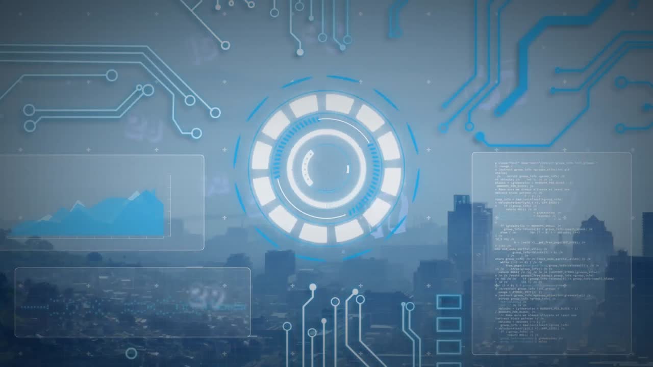 Animation of arc reactor, graphs, circuit board pattern, computer language over modern city