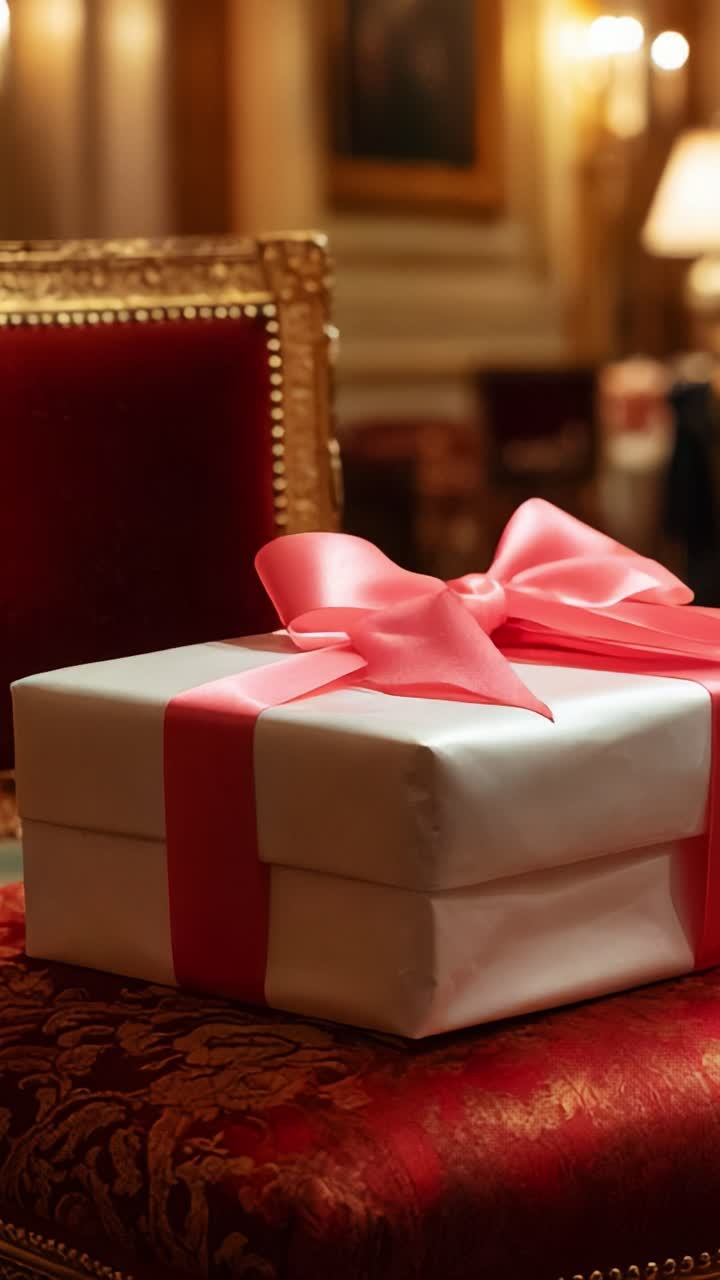 A beautifully wrapped gift box adorned with a soft pink ribbon sits elegantly on a luxurious chair, setting the stage for a memorable occasion filled with celebration, love, and joy