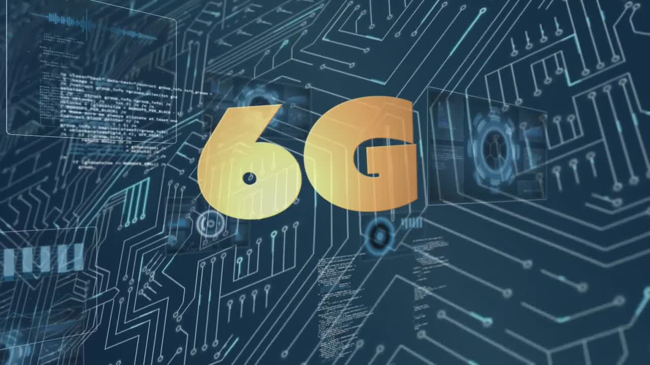 animación de texto de 6g con ámbitos y procesamiento de datos en pantallas sobre placa de circuito de computadora