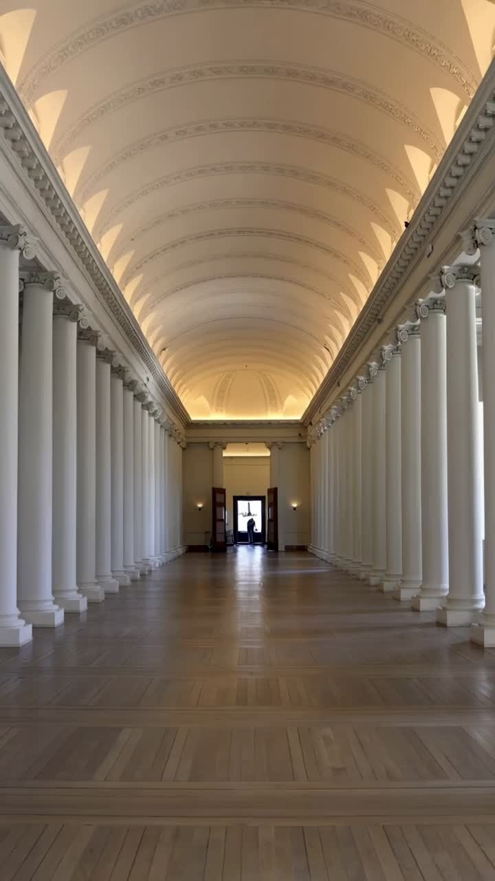 Vertical video: Recording camera framing museum gallery, columns, silhouetted exit for focus