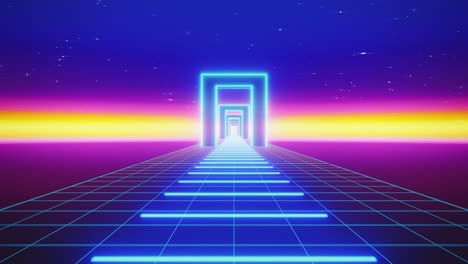 volando en un espacio abstracto tecnológico con tubos de neón luminosos. estilo cyberpunk. espectro ultravioleta moderno de luz. color púrpura azul. renderizado 3d de bucle sin costuras. fondo retro dinámico - resolución 4k - video de stock loopable