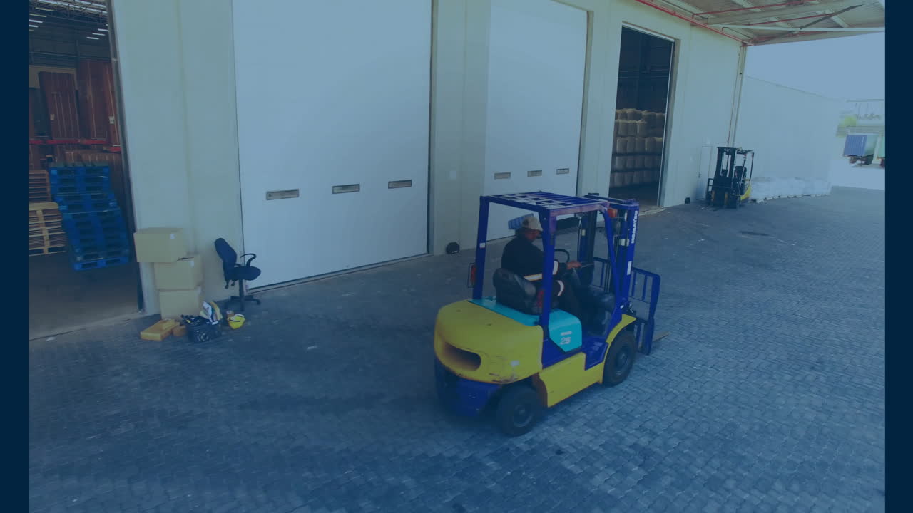 Animation of data processing over turret truck in warehouse
