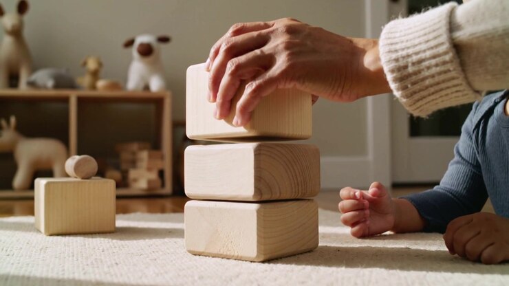 Lifting caregiver placing fourth wooden block onto rug at home, encouraging navy-top toddler reach