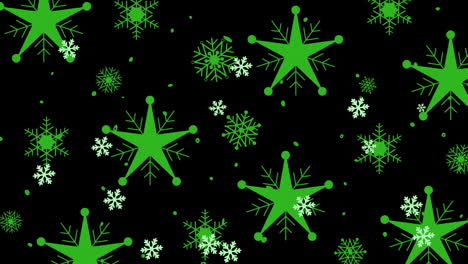 animación de copos de nieve verdes de navidad cayendo sobre un fondo negro