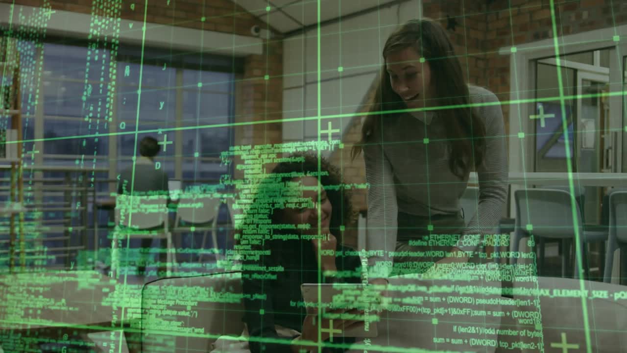 Overlay fading initiating code review seated woman scrolling laptop and standing woman leaning over