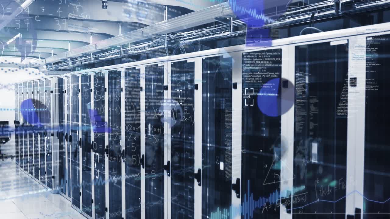 Animation of statistics, mathematical equations and data processing over computer servers