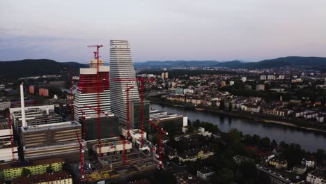 aerial shows the new roche tower get builded in basel, switzerland