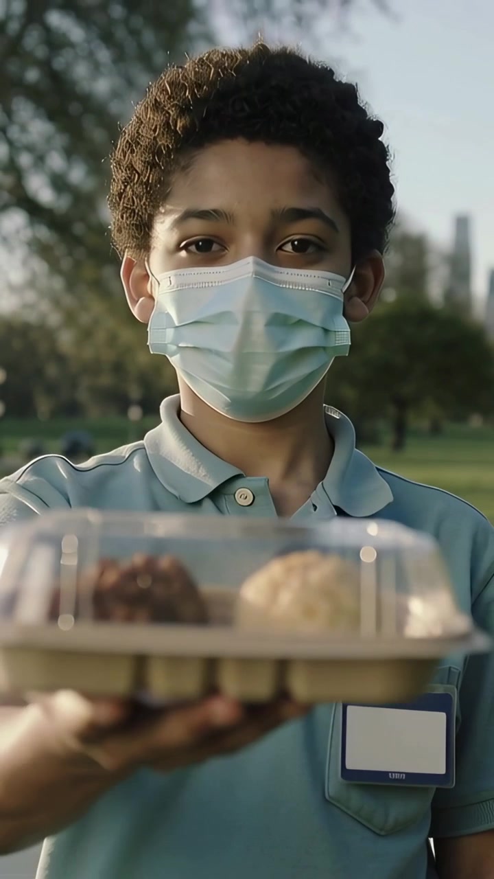 Vídeo vertical: Câmera recuando mostrando adolescente de máscara e camisa polo azul-petróleo, com crachá, entregando uma caixa de comida em um parque