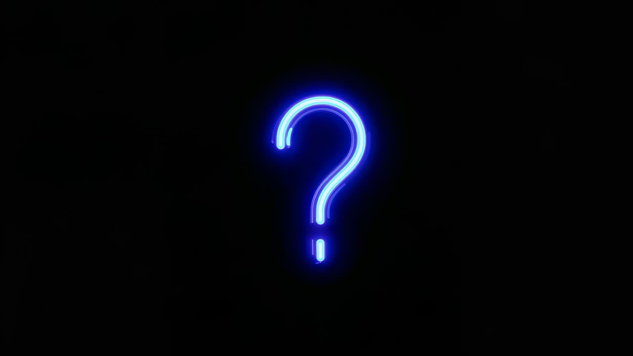 La prima immagine mostra un punto interrogativo blu al neon che si illumina lentamente su uno sfondo nero, creando un impulso.