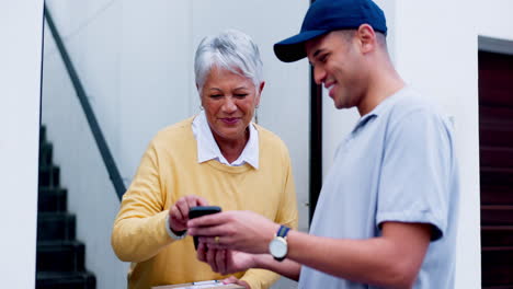 Delivery-man,-box-and-old-woman-with-phone