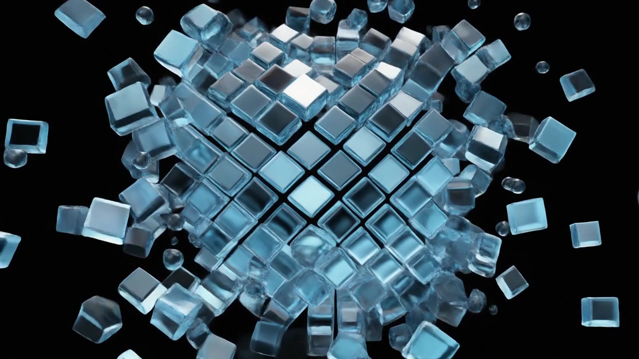 Abstrakt 3D-animation af en glaskube, der eksploderer i fragmenter