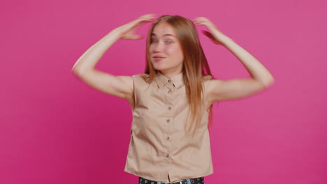 excited amazed woman showing head explosion, looking worried shocked surprised girl, wow idea eureka