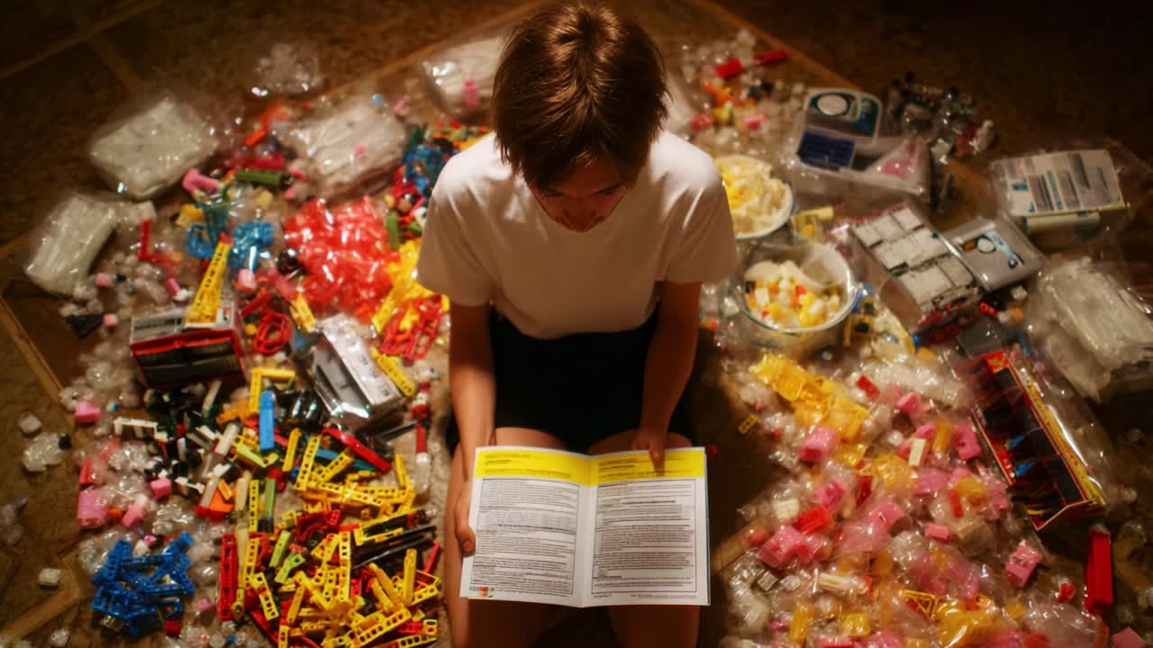 Engaged in Creation: A Young Individual Surrounded by Colorful Craft Materials, Reading Instructions for a Creative Project on a Cozy Indoor Floor, Ready to Assemble Unique Designs