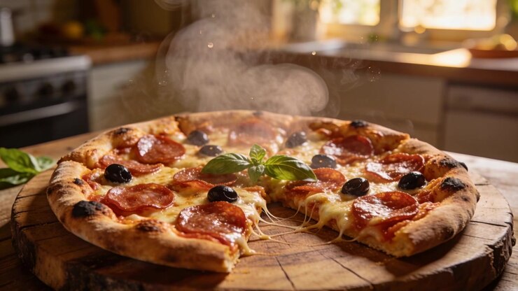 Pizza al salame piccante fumante appena sfornata che rilascia fili di formaggio su un tagliere in una cucina di casa, con particelle.