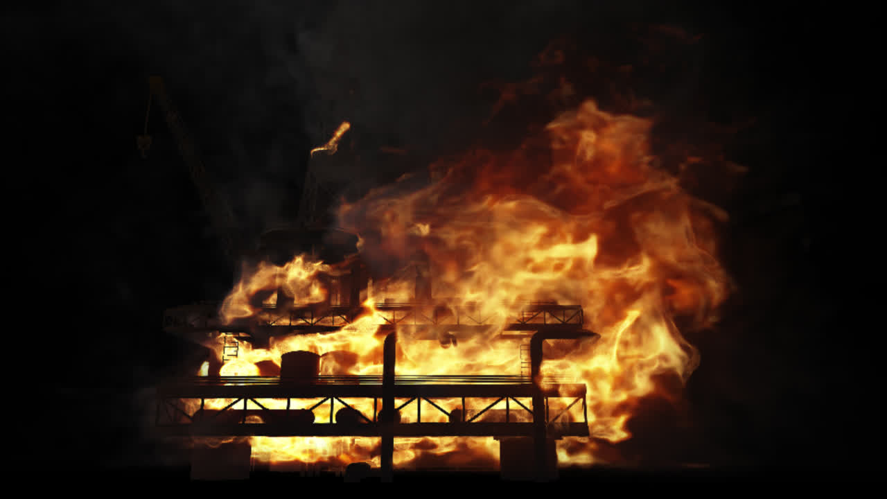 밤에 불타는 공장 또는 석유 기구