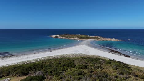 white sand beach of diamond island of bicheno tasmania, australia, aerial shot