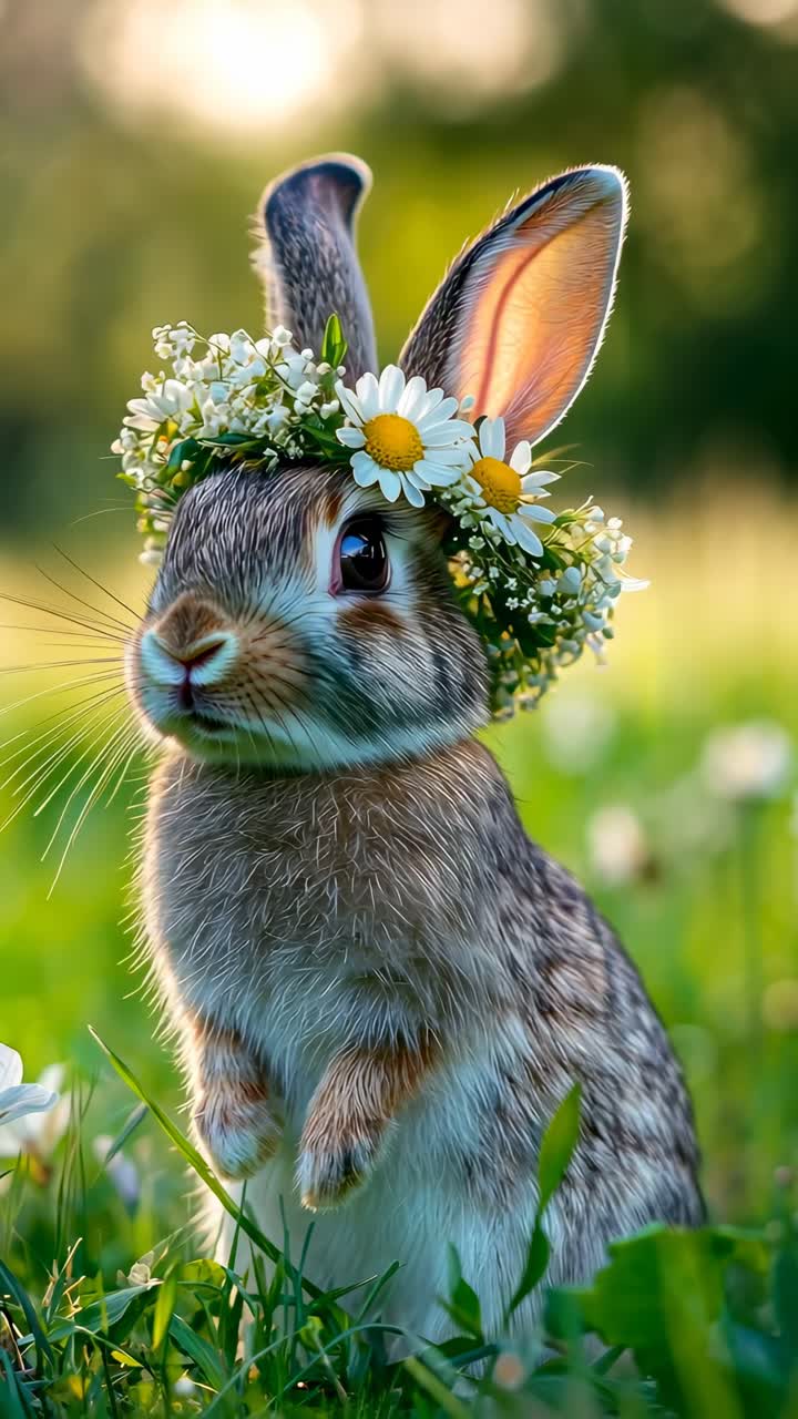 A cute rabbit with a flower crown, captured in a close-up, eye-level ...
