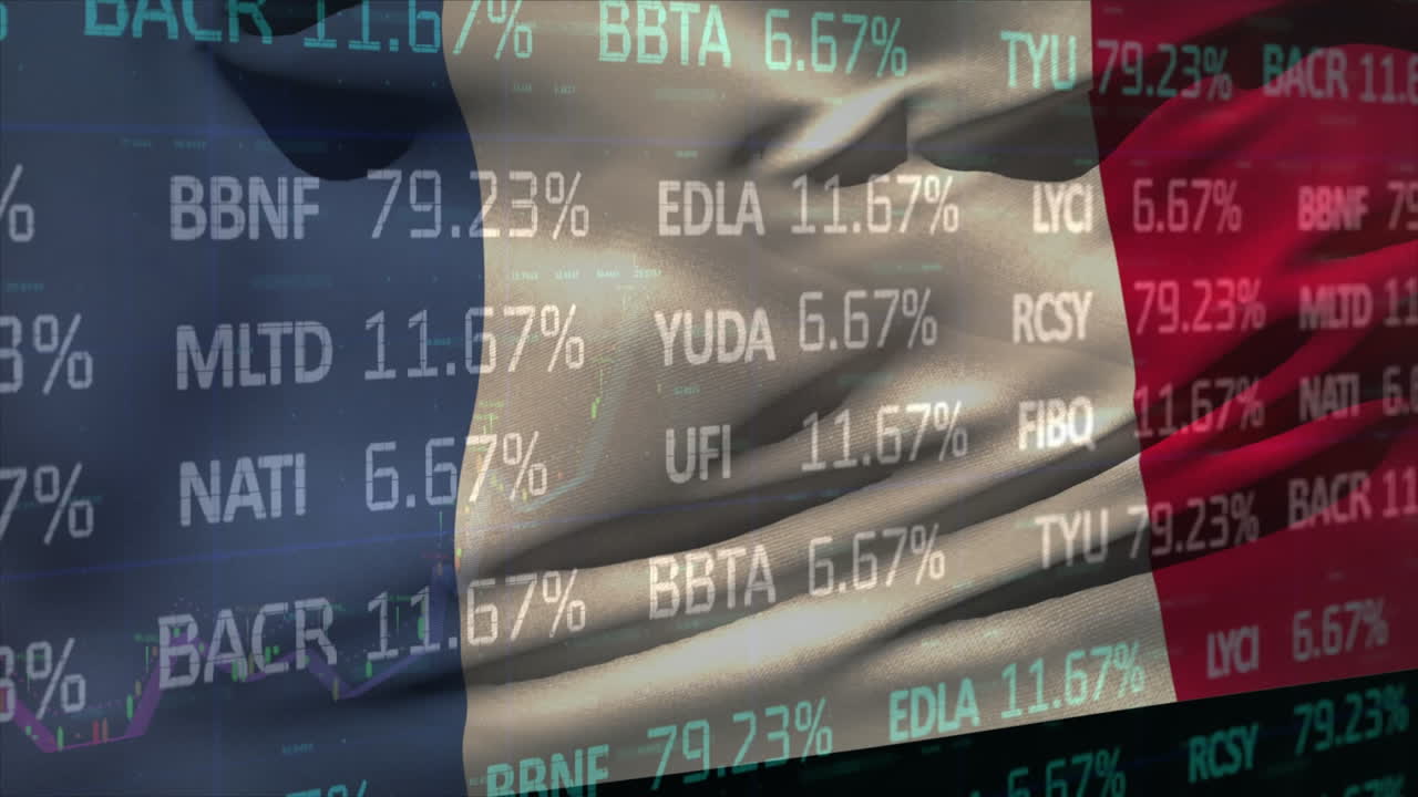 애니메이션은 하색과 파란색의 주식 시장 데이터가 그리드에서 롤링되고 처리되는 것을 보여줍니다.