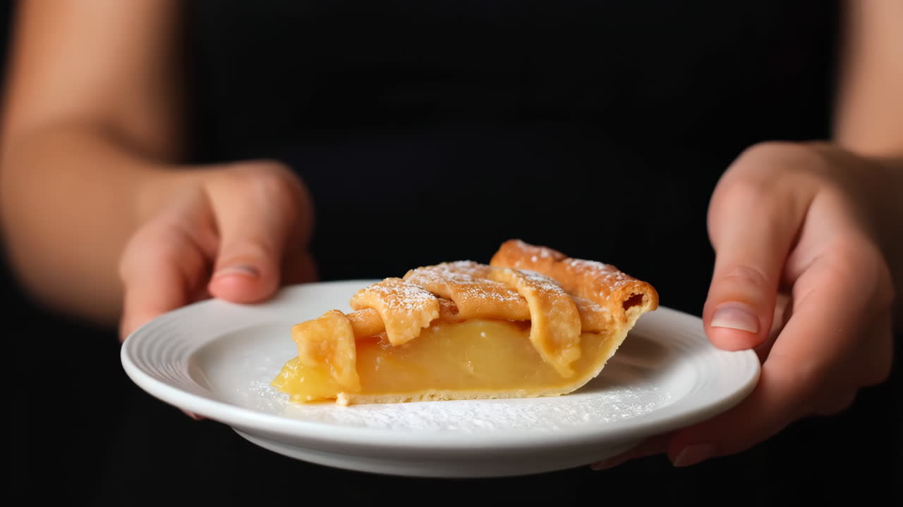 Hands Holding a Slice of Apple Pie on a Plate