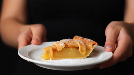 hands holding a slice of apple pie on a plate
