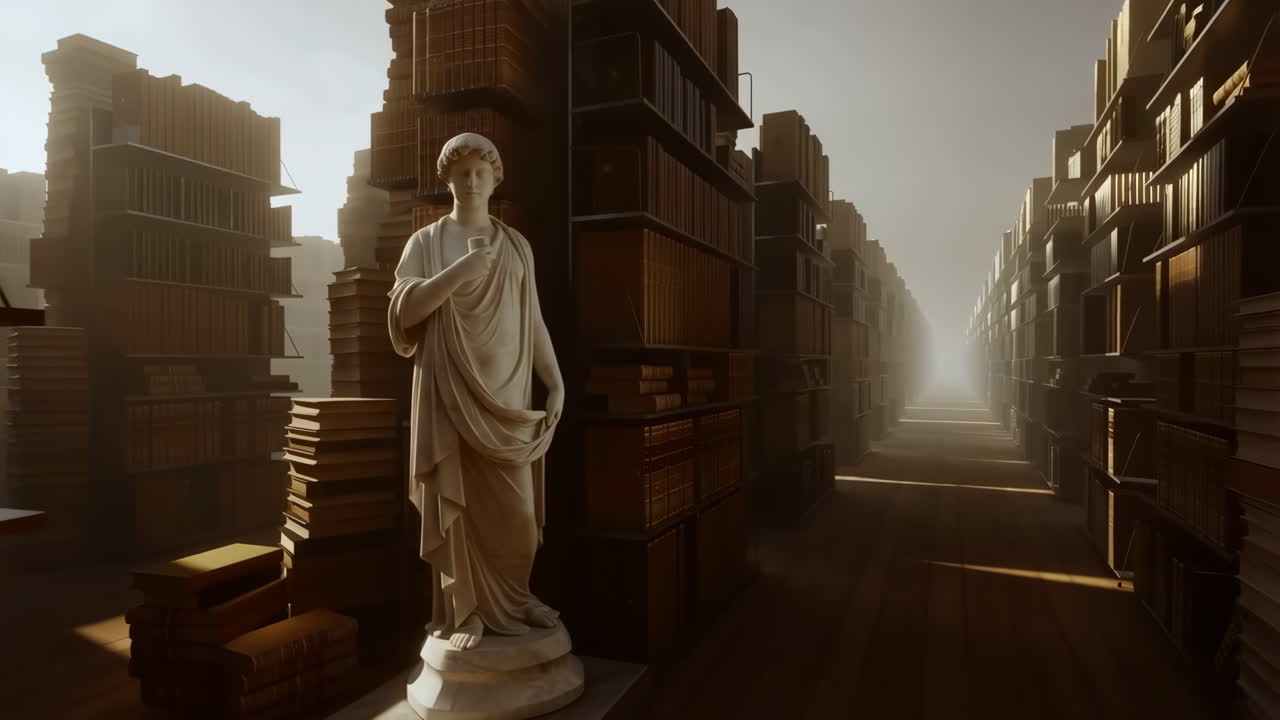 Statue in a Foggy Library