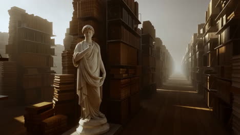 statue in a foggy library