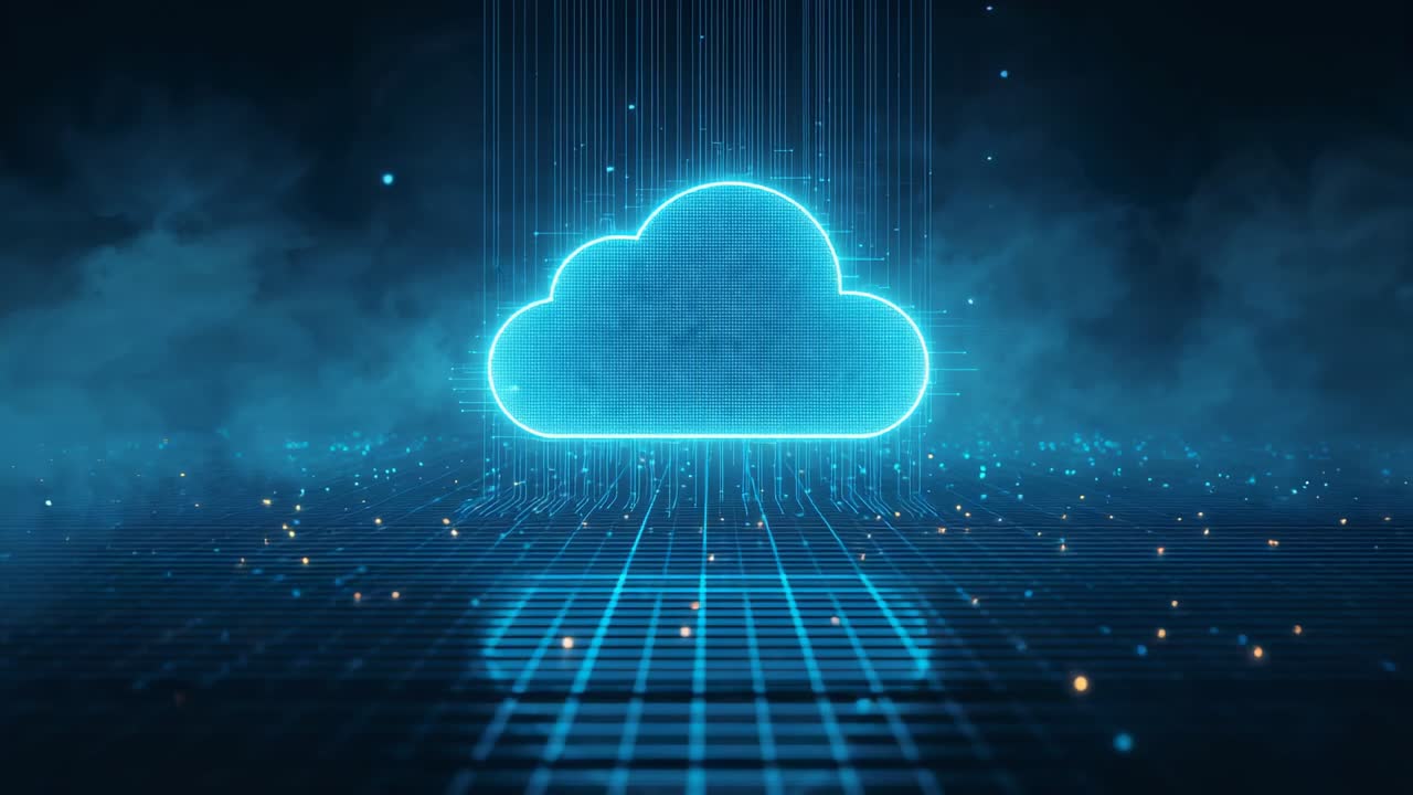 Materializing neon-blue cloud icon on digital grid floor emitting data streams scattering particles