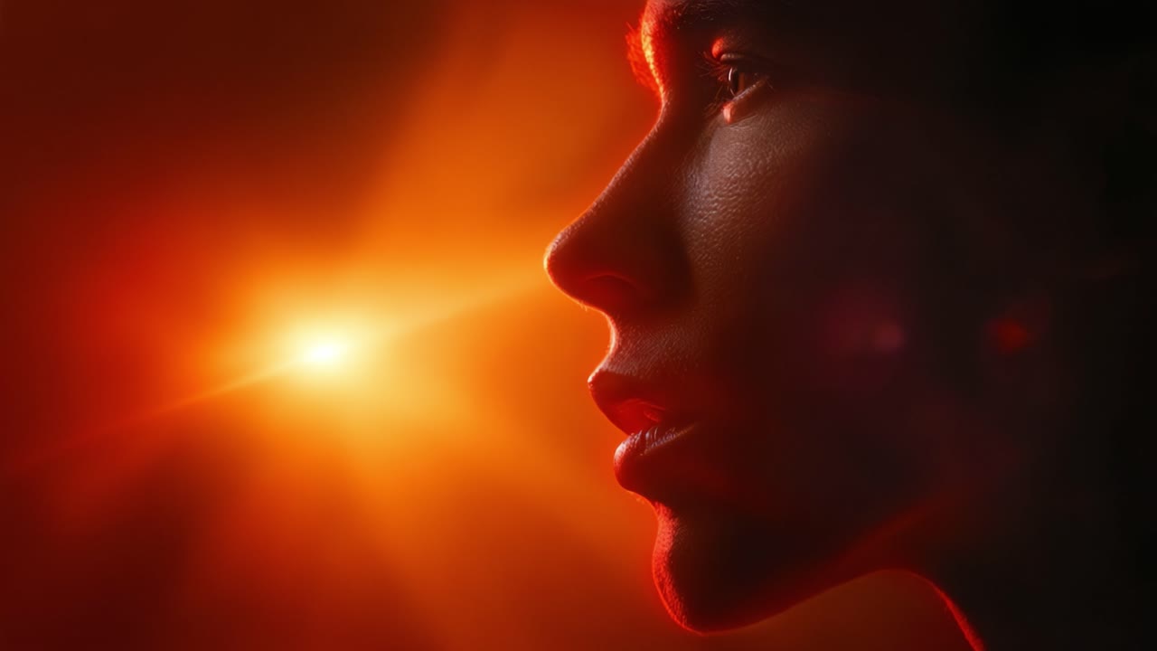 Profilo di una persona illuminata da una luce calda e intensa che crea un contrasto drammatico su uno sfondo scuro, catturando un momento di riflessione