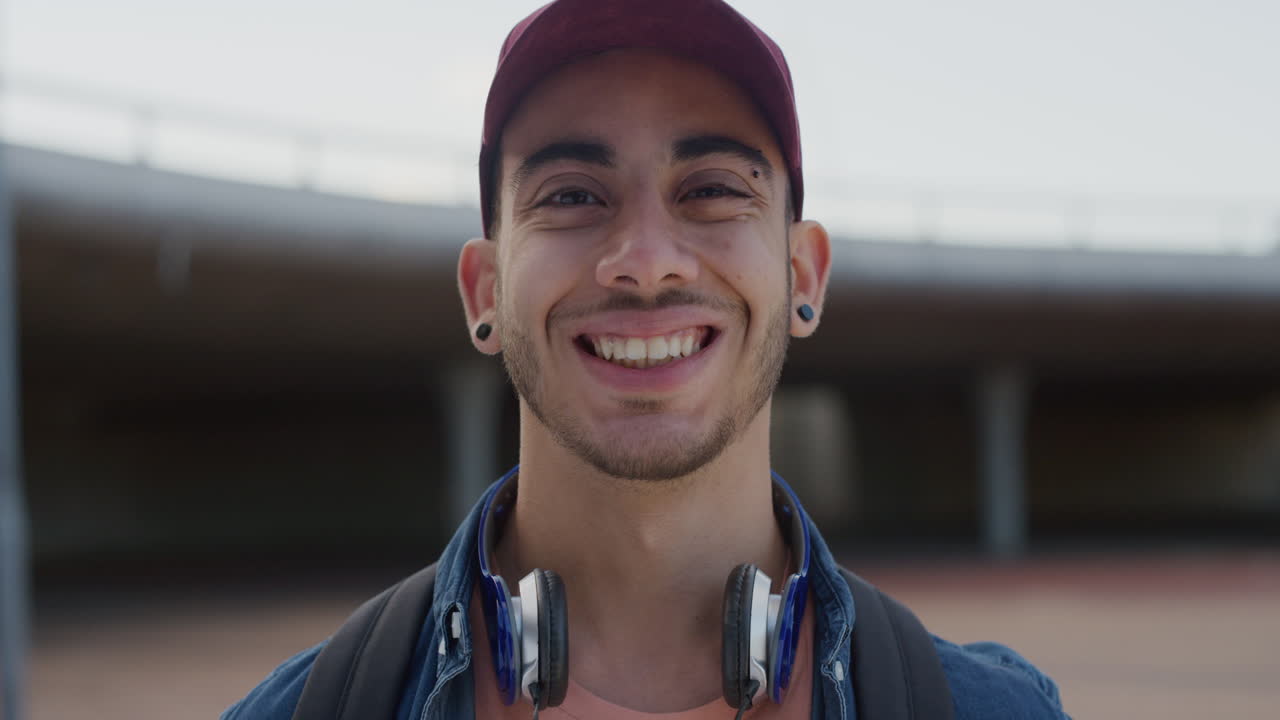 retrato de cerca joven hispano joven adolescente sonriente feliz disfrutando de un estilo de vida exitoso estudiante de sexo masculino que parece confiado con sombrero en cámara lenta