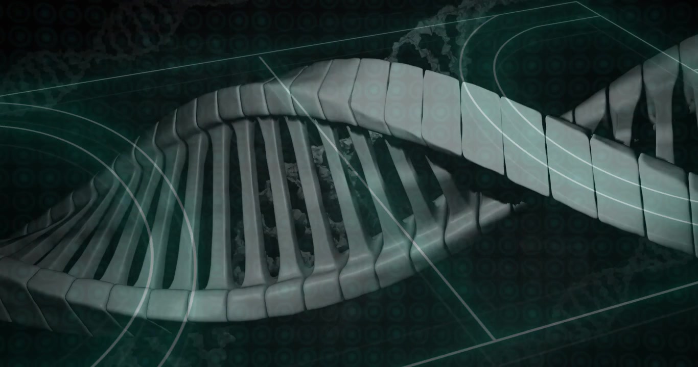 Biomedical helix rotating right after teal scans sweeping in, HUD planes crossing ribbon rungs