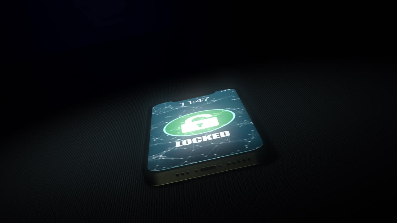High quality animated 3D CGI render with dollying tilting camera move - close up of mobile phone being unlocked and hacked, with digital and binary code flowing out and a skull and crossbones motif